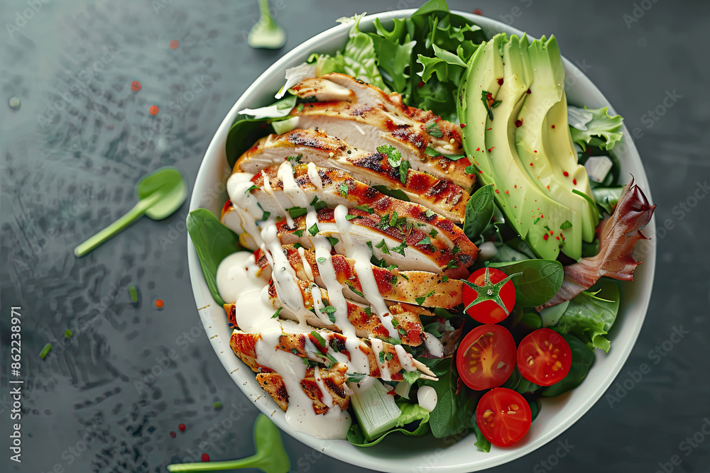 Salad bowl with grilled chicken, avocado, tomatoes, ranch in bright, modern, health-focused eatery.