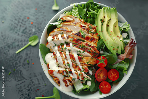 Obraz na płótnie Salad bowl with grilled chicken, avocado, tomatoes, ranch in bright, modern, health-focused eatery. w salonie