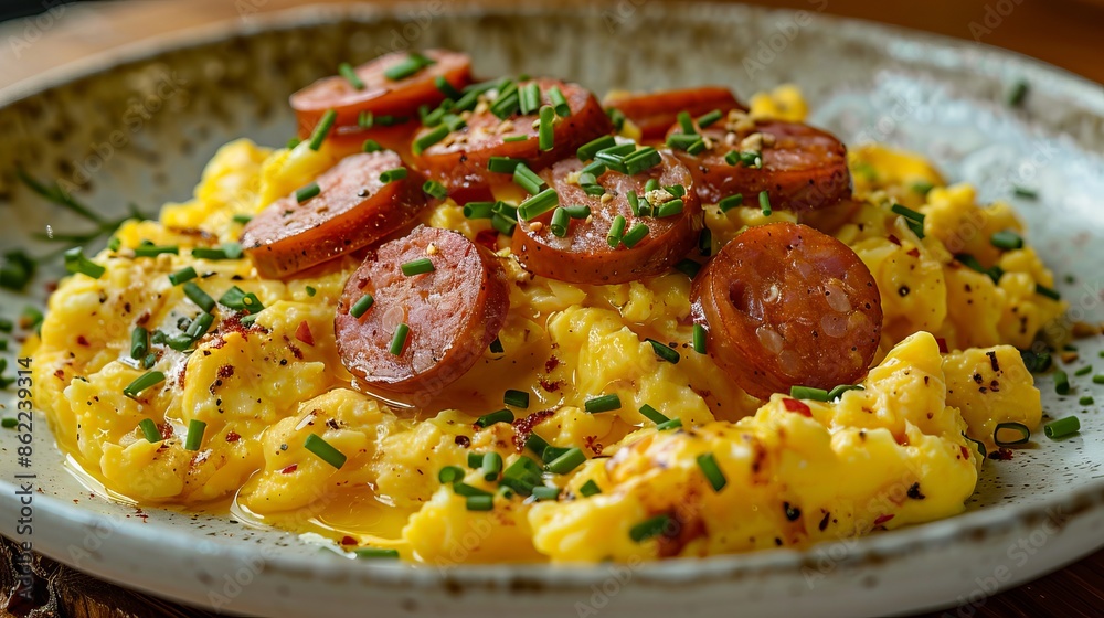 A plate of scrambled eggs with sausage and herbs. A plate of scrambled eggs with sausage and herbs.