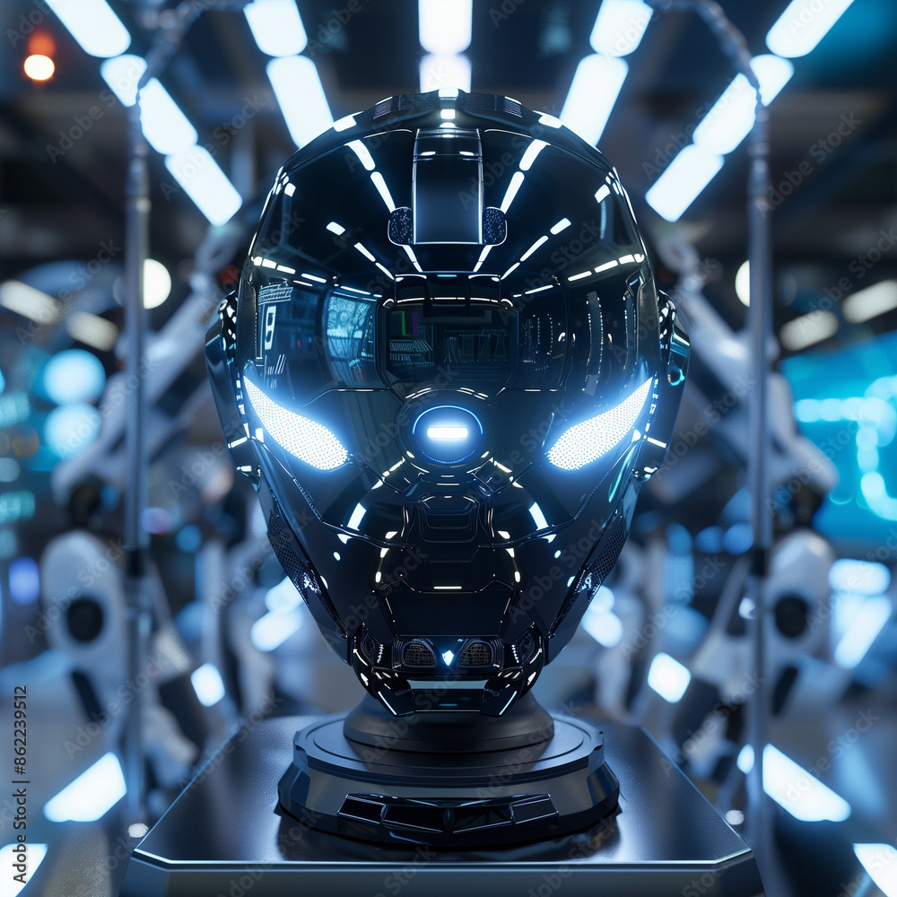 A 3D render of a futuristic helmet, sleek and metallic with LED lights ...