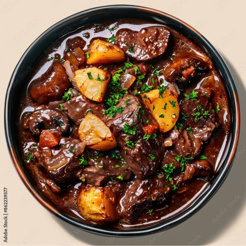 Beef Stew with Potatoes and Mushrooms in a Black Bowl Beef Stew with Potatoes and Mushrooms in a Black Bowl