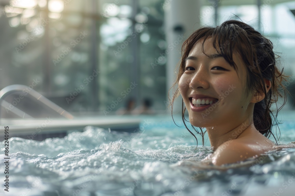 A cheerful athlete, donning a swimming cap, beams with joy during a swim session, radiating optimism and tranquility. A cheerful athlete, donning a swimming cap, beams with joy during a swim session, radiating optimism and tranquility.