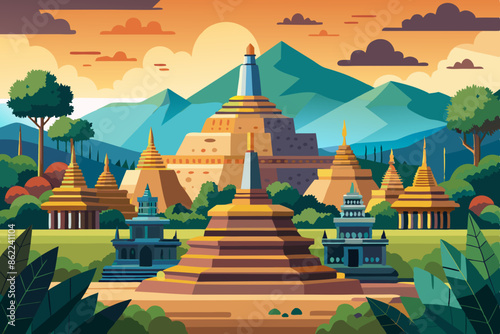 colorful vector illustration of borobudur or prambanan temple scenery photo