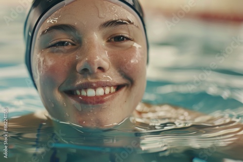 A cheerful athlete, donning a swimming cap, beams with joy during a swim session, radiating optimism and tranquility.