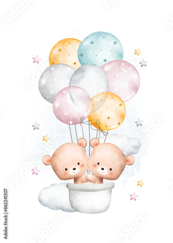 Watercolor Illustration Teddy Bear and Balloons on Cloud