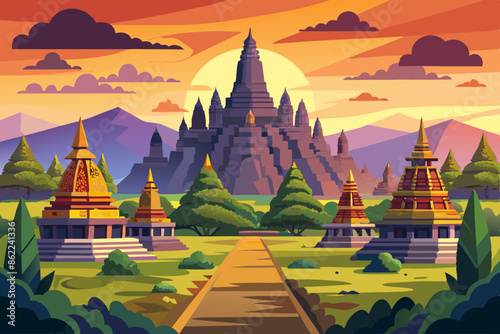 colorful vector illustration of borobudur or prambanan temple scenery