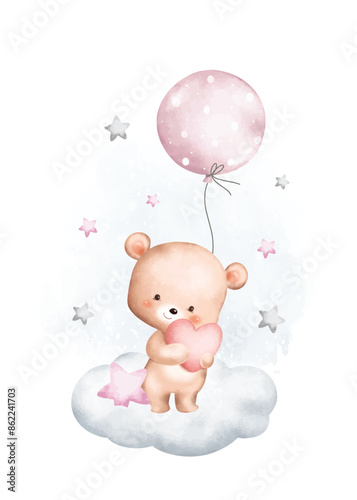 Watercolor Illustration Teddy Bear and Balloons on Cloud