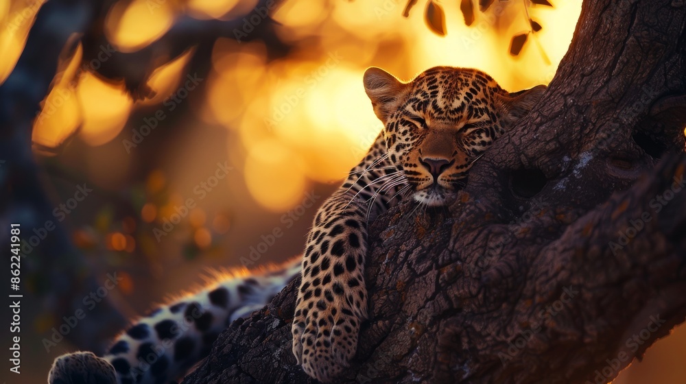 Obraz premium Leopard resting on a tree branch during sunset, serene wildlife scene. Tranquil nature and wildlife photography concept.