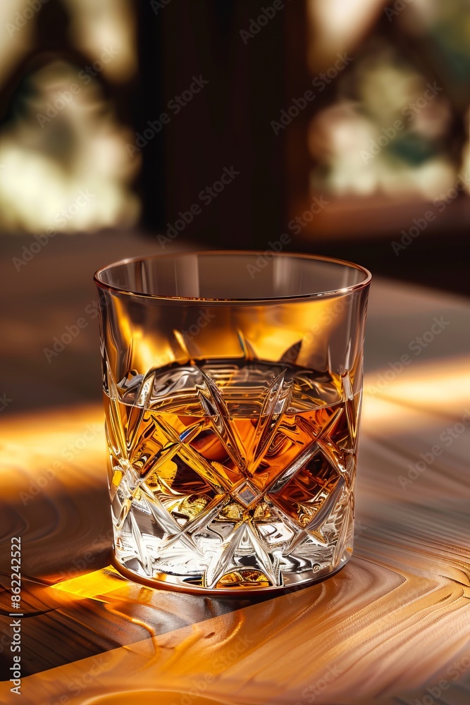 A glass of whiskey on a wooden table. A glass of whiskey on a wooden table.