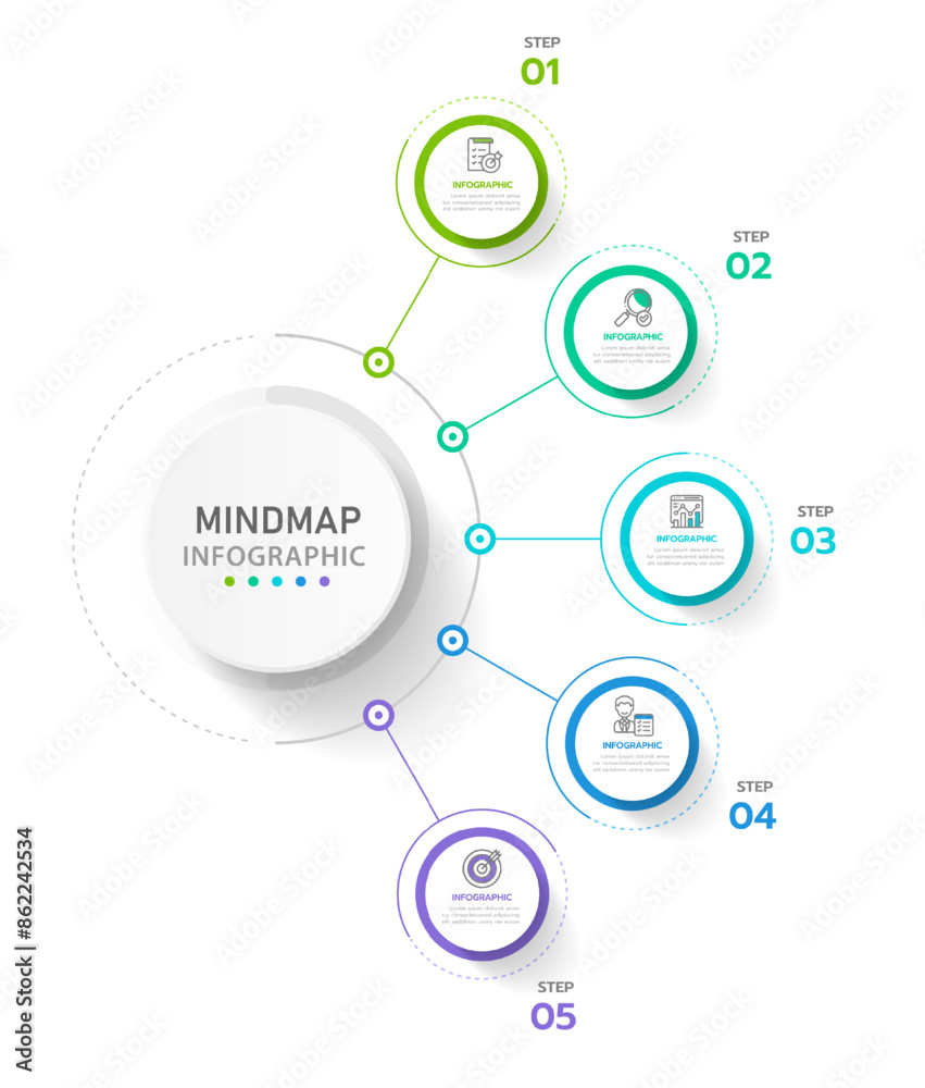 Infographic template for business. 6 Steps Modern Mindmap diagram with circles topics, presentation vector infographic.