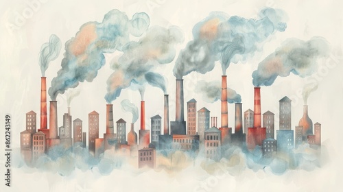 Illustrated cityscape with numerous smokestacks emitting smoke, highlighting industrial pollution and environmental impact.