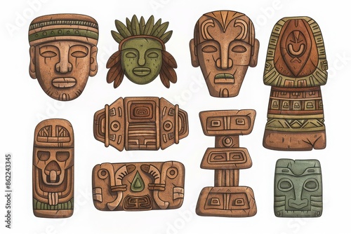 Illustration of various ancient tribal masks and carvings, showcasing detailed designs and cultural artistry.