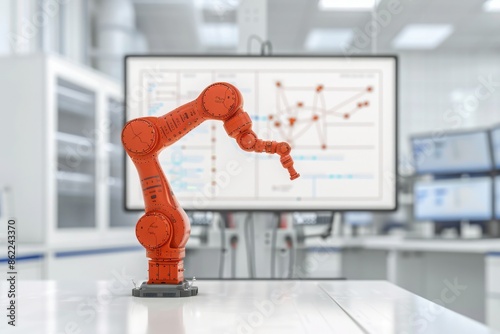 Industrial robotic arm in a modern high-tech laboratory with data analysis display in the background. photo