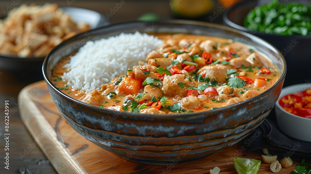 Cuisine Authentic Thai curry served in a traditional bowl with jasmine rice, fresh herbs, and spicy condiments, showcasing bold flavors and culinary expertise. Illustration, Minimalism, Cuisine Authentic Thai curry served in a traditional bowl with jasmine rice, fresh herbs, and spicy condiments, showcasing bold flavors and culinary expertise. Illustration, Minimalism,