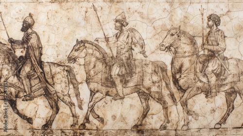 Medieval knights on horseback in detailed sepia-toned illustration, showcasing historical armor and weaponry. photo