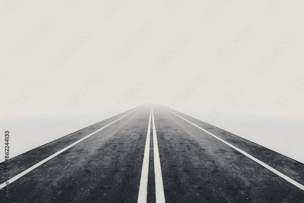 Fototapeta premium Minimalist road leading into foggy horizon, symbolizing journey, direction, and uncertainty in a monochrome, atmospheric setting.