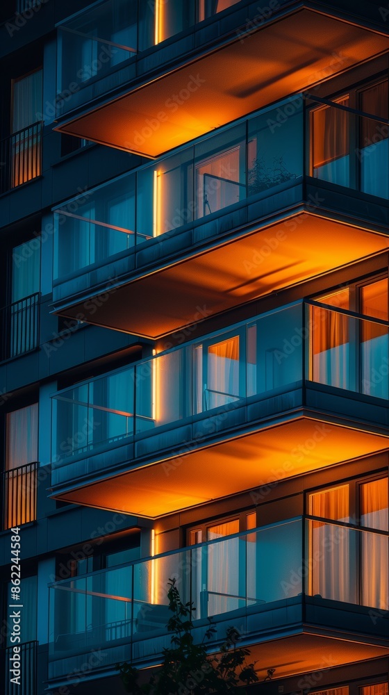 Modern apartment building balconies illuminated at night Modern apartment building balconies illuminated at night