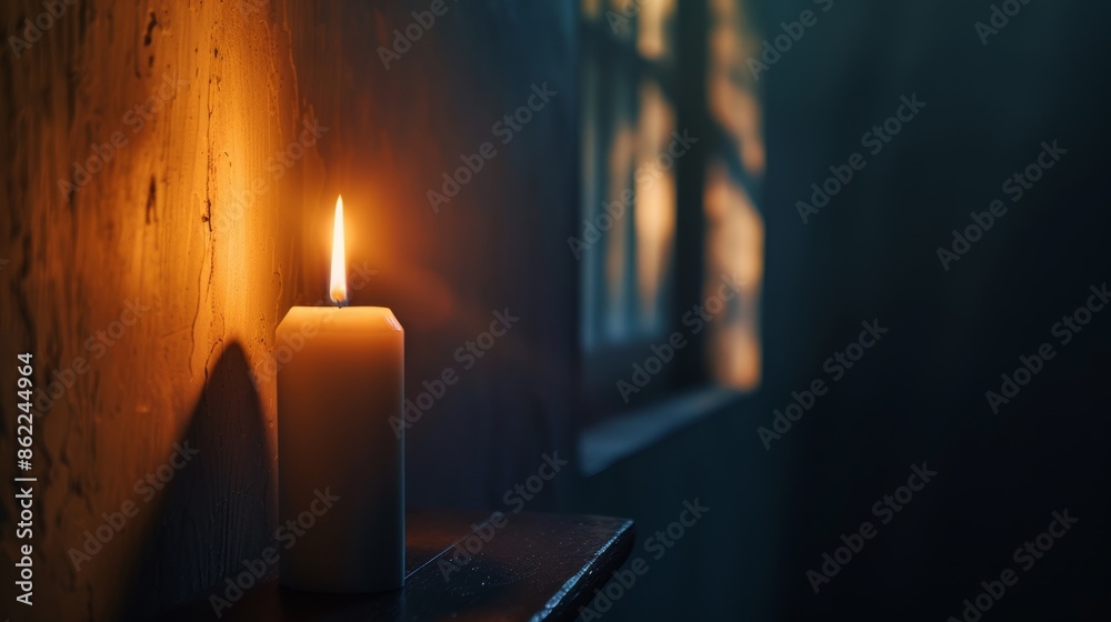 A single lit candle casting warm light against a textured wall in a dark room, atmosphere and tranquility concept A single lit candle casting warm light against a textured wall in a dark room, atmosphere and tranquility concept