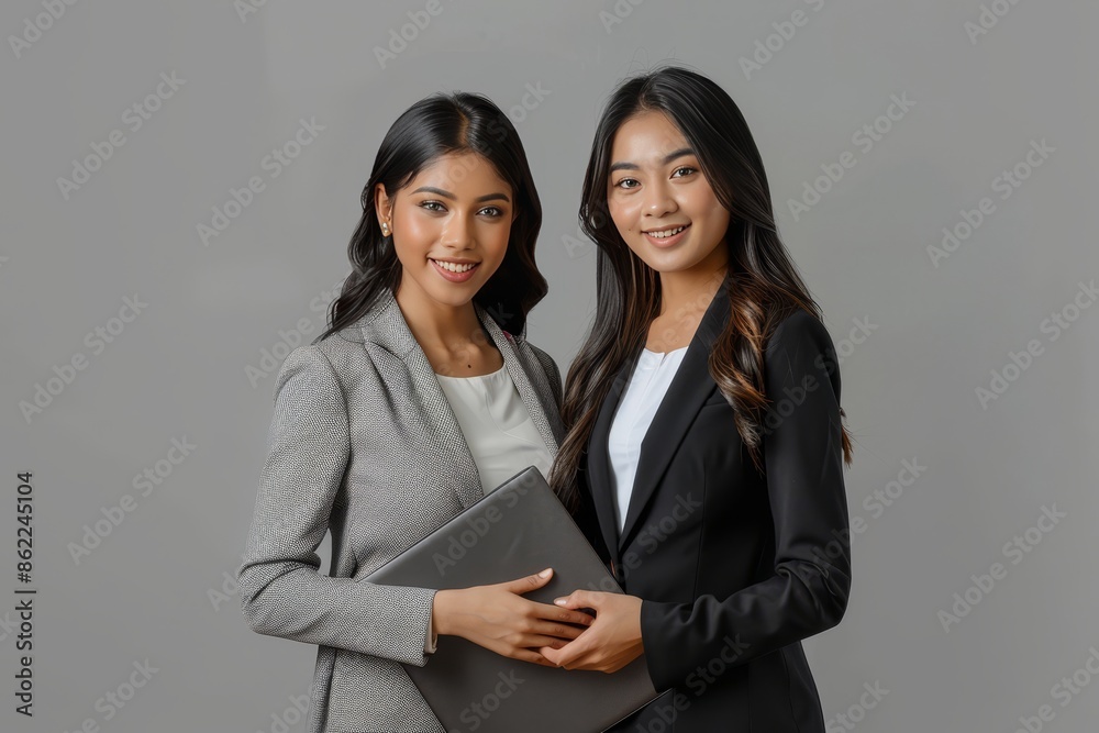 photograph of a Hindu woman and Asian woman, professional clothing, holding folder, looking at the camera, isolated on a gray background