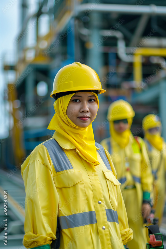 Female offshore workers on an deep sea oil rig.
Female offshore workers on an deep sea oil rig.