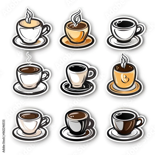 Collection sticker of coffee cup, white background, vector illustration