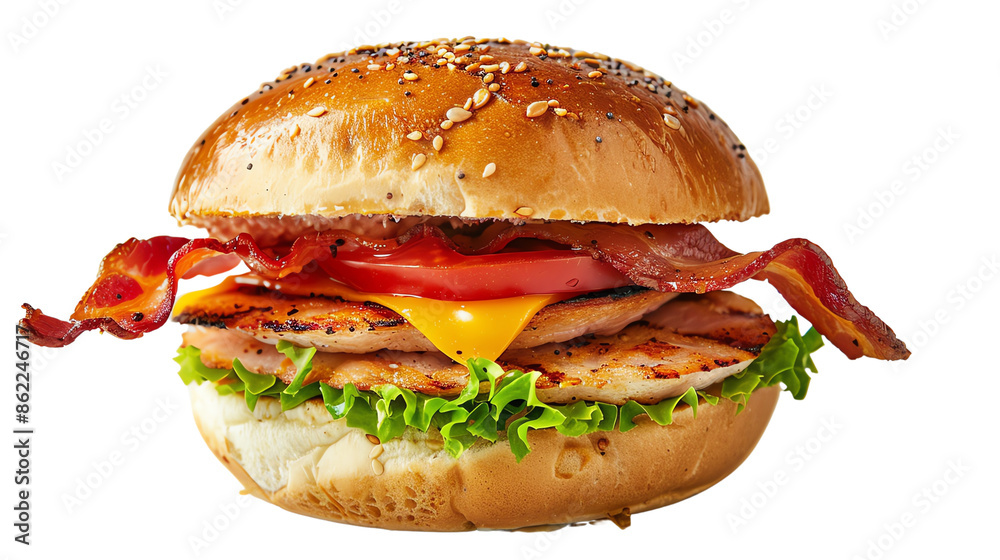 Delicious grilled chicken burger with bacon, cheese, fresh tomato, and lettuce in a sesame seed bun against a white background. Delicious grilled chicken burger with bacon, cheese, fresh tomato, and lettuce in a sesame seed bun against a white background.