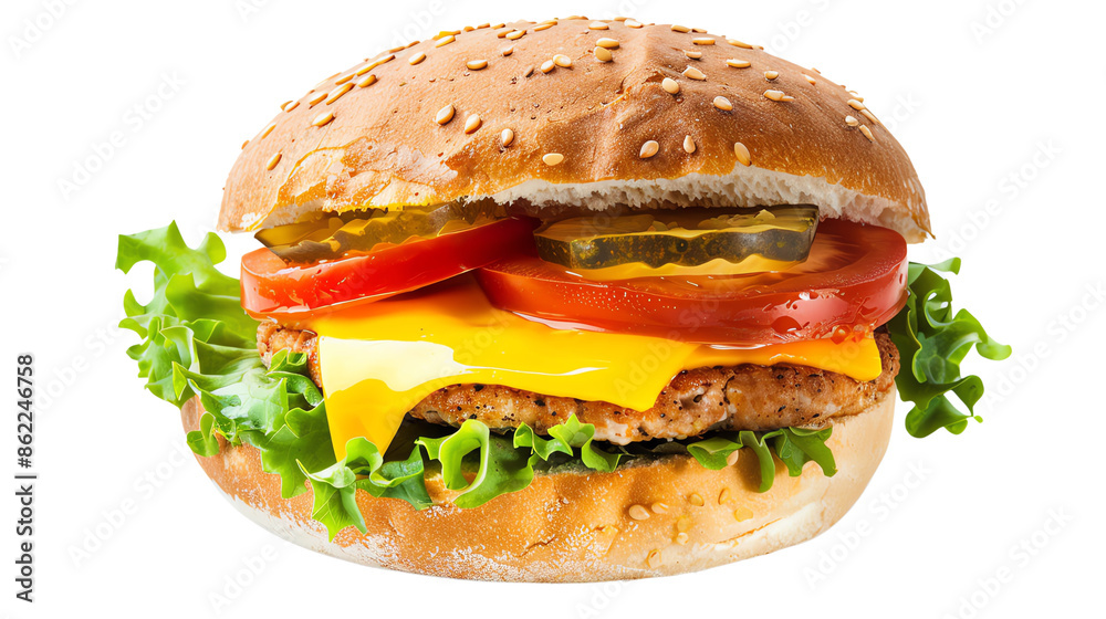 Delicious cheeseburger with fresh lettuce, tomato, pickles, and melted cheese on a sesame seed bun, perfect for a tasty meal. Delicious cheeseburger with fresh lettuce, tomato, pickles, and melted cheese on a sesame seed bun, perfect for a tasty meal.