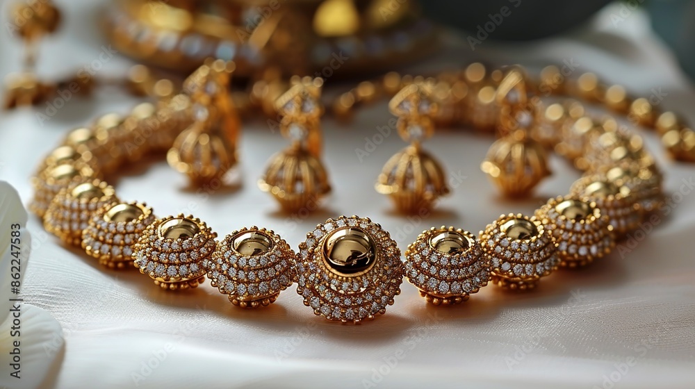 Gold Sparkling gold jewelry set with intricate detailing, including a necklace, earrings, and bracelet, exuding elegance and timeless beauty. Illustration, Minimalism, Gold Sparkling gold jewelry set with intricate detailing, including a necklace, earrings, and bracelet, exuding elegance and timeless beauty. Illustration, Minimalism,