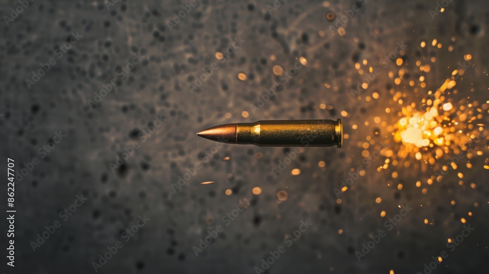 Close-up of a bullet in motion with sparks against a dark textured background, capturing the dynamic energy of the moment. Close-up of a bullet in motion with sparks against a dark textured background, capturing the dynamic energy of the moment.