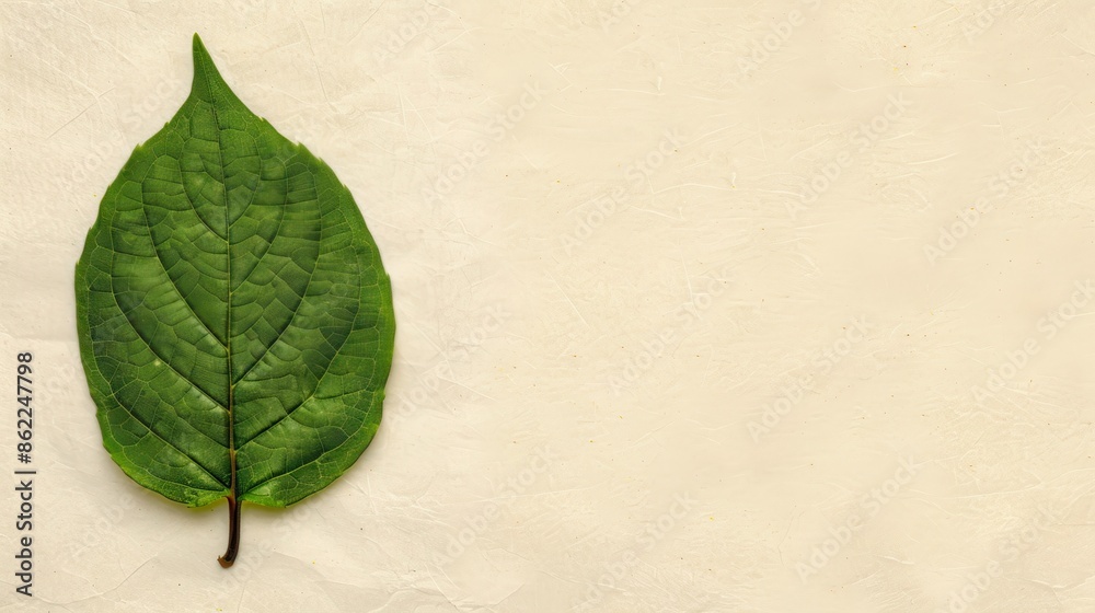 Fototapeta premium Close-up of a single green leaf on a beige background, perfect for nature and minimalistic design themes.