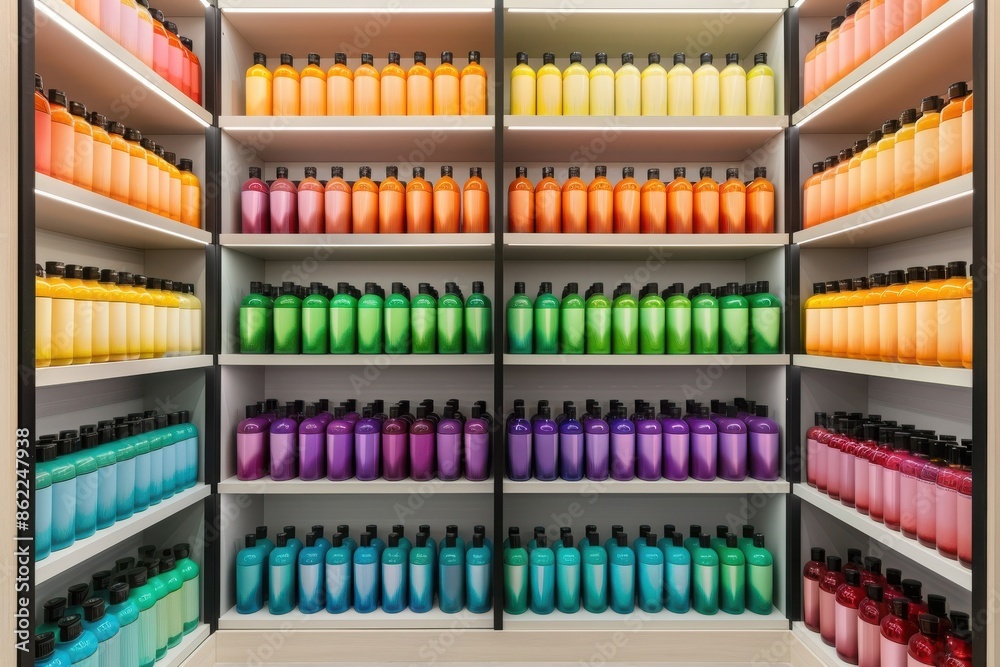Colorful arrangement of bottles on shelves, featuring a spectrum of hues in a well-lit display, perfect for stock photography use.