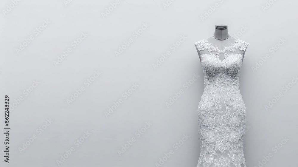 Elegant white lace wedding dress on a mannequin against a plain gray background, perfect for bridal design and fashion displays.
