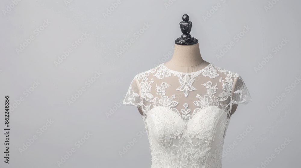 Elegant white wedding dress with intricate lace detailing, displayed on a mannequin against a neutral background. Elegant white wedding dress with intricate lace detailing, displayed on a mannequin against a neutral background.
