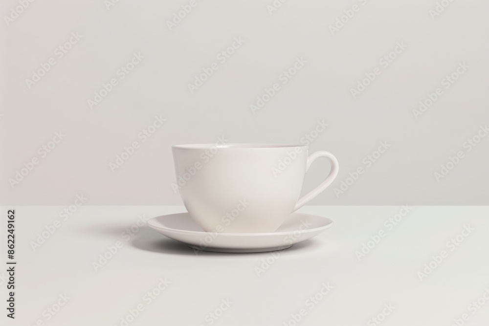 Minimalist white ceramic coffee cup with saucer on a white surface, perfect for a clean and modern kitchen or cafe theme. Minimalist white ceramic coffee cup with saucer on a white surface, perfect for a clean and modern kitchen or cafe theme.