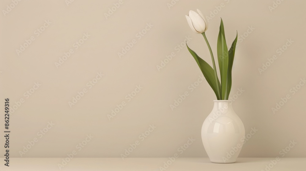 custom made wallpaper toronto digitalMinimalist white vase with a single white tulip flower on a neutral background, simple and elegant home decor concept.