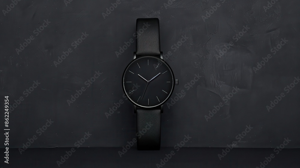 Minimalistic black wristwatch with a sleek leather band on a dark gray background. Perfect for stylish and modern fashion enthusiasts. Minimalistic black wristwatch with a sleek leather band on a dark gray background. Perfect for stylish and modern fashion enthusiasts.