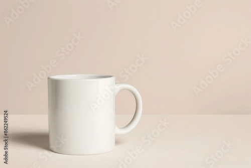 Minimalistic white coffee mug on beige background. Perfect for branding, advertising, or design concepts. Plain, elegant, and versatile.