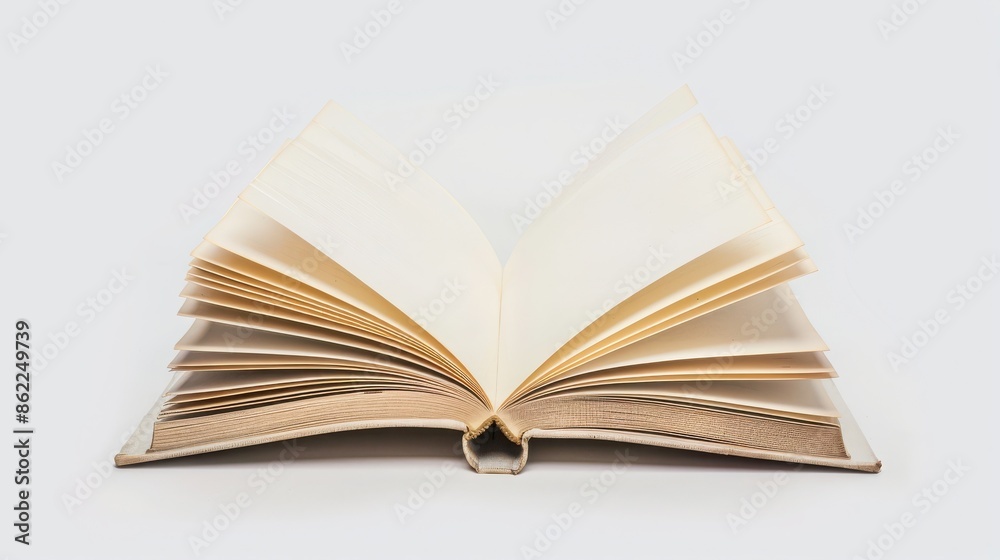 Open book blank pages displayed against plain white background, presenting concept knowledge, education, imagination. Open book blank pages displayed against plain white background, presenting concept knowledge, education, imagination.