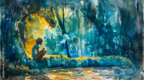 Watercolor illustration. Old Testament. The serpent tempting Eve, Genesis