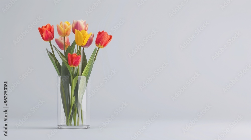 Vibrant tulip arrangement in a clear glass vase against a soft, minimalist background - a perfect spring decor inspiration.