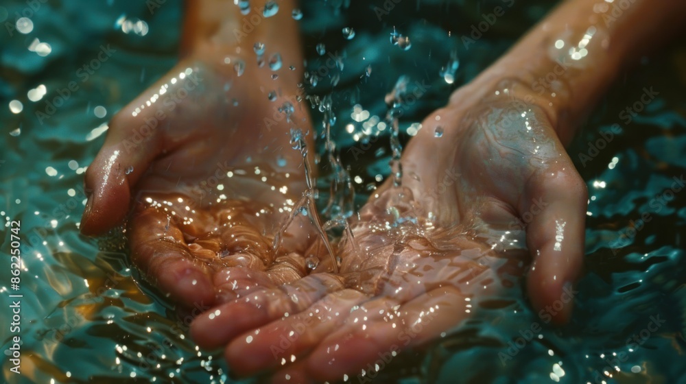 Fototapeta premium A hand is holding water in a way that it looks like it is pouring out of the hand