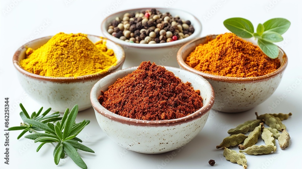 Seasoning Aromatic spices and herbs in small ceramic bowls, including cumin, coriander, and paprika, adding depth and flavor to global cuisines. Illustration, Minimalism, Seasoning Aromatic spices and herbs in small ceramic bowls, including cumin, coriander, and paprika, adding depth and flavor to global cuisines. Illustration, Minimalism,