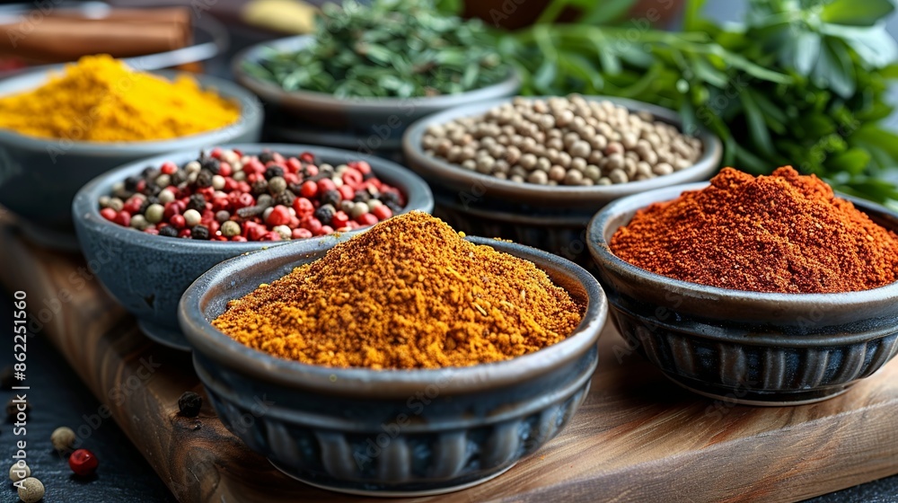 Seasoning Aromatic spices and herbs in small ceramic bowls, including cumin, coriander, and paprika, adding depth and flavor to global cuisines. Illustration, Minimalism, Seasoning Aromatic spices and herbs in small ceramic bowls, including cumin, coriander, and paprika, adding depth and flavor to global cuisines. Illustration, Minimalism,