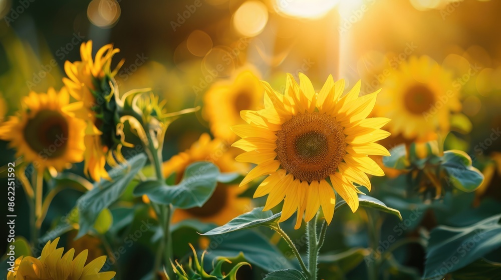 Naklejka premium Blossoming sunflowers in a summer field