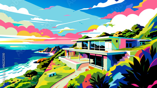 Vibrant Seaside Villa Illustration with Tropical Flora and Ocean View