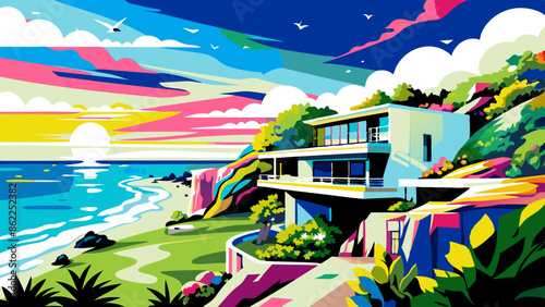 Colorful Coastal Retreat at Sunset with Lush Greenery