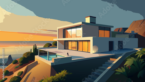 Modern Luxury Villa at Sunset with Scenic Overlook and Infinity Pool
