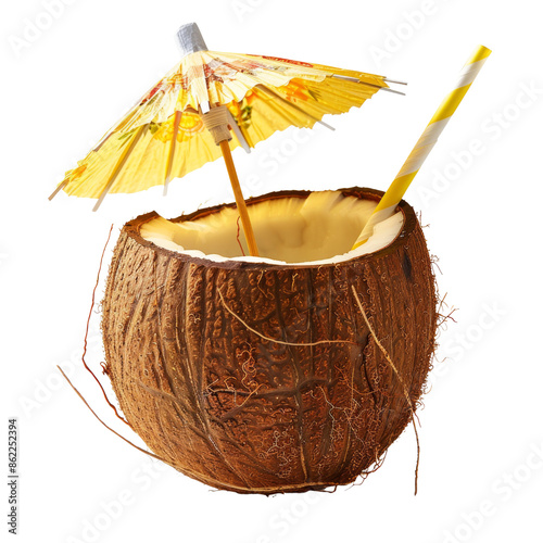 Refreshing tropical coconut drink with a straw and umbrella, perfect for summer and beach vibes.