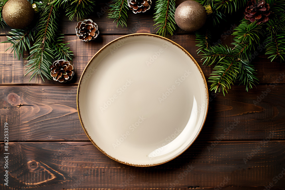 christmas food background fir tree branch, empty clean ceramic plate, festive holiday table setting, merry christmas dinner christmas food background fir tree branch, empty clean ceramic plate, festive holiday table setting, merry christmas dinner