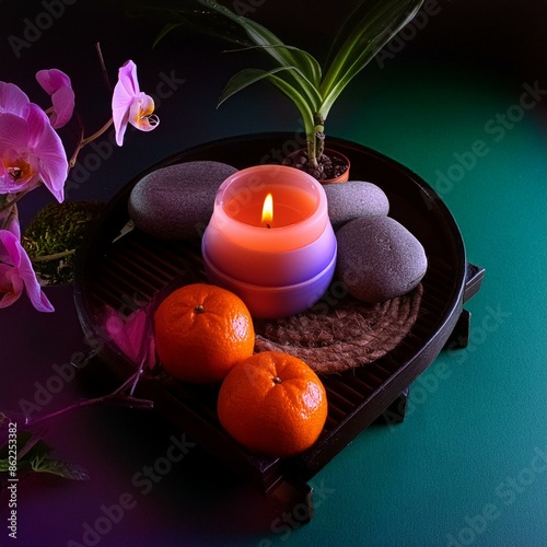 composition with neon colors used in a subtle, spiritual manner, with a focus on calmness and inner peace.